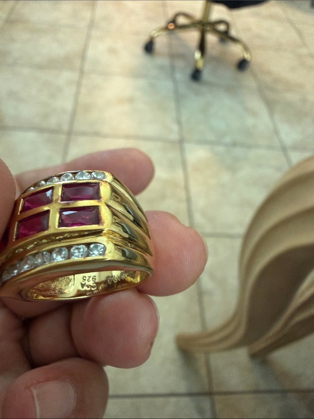 Gold-Tone Wide Band Ring with Pink Rectangular Stones - Picture 2 of 2